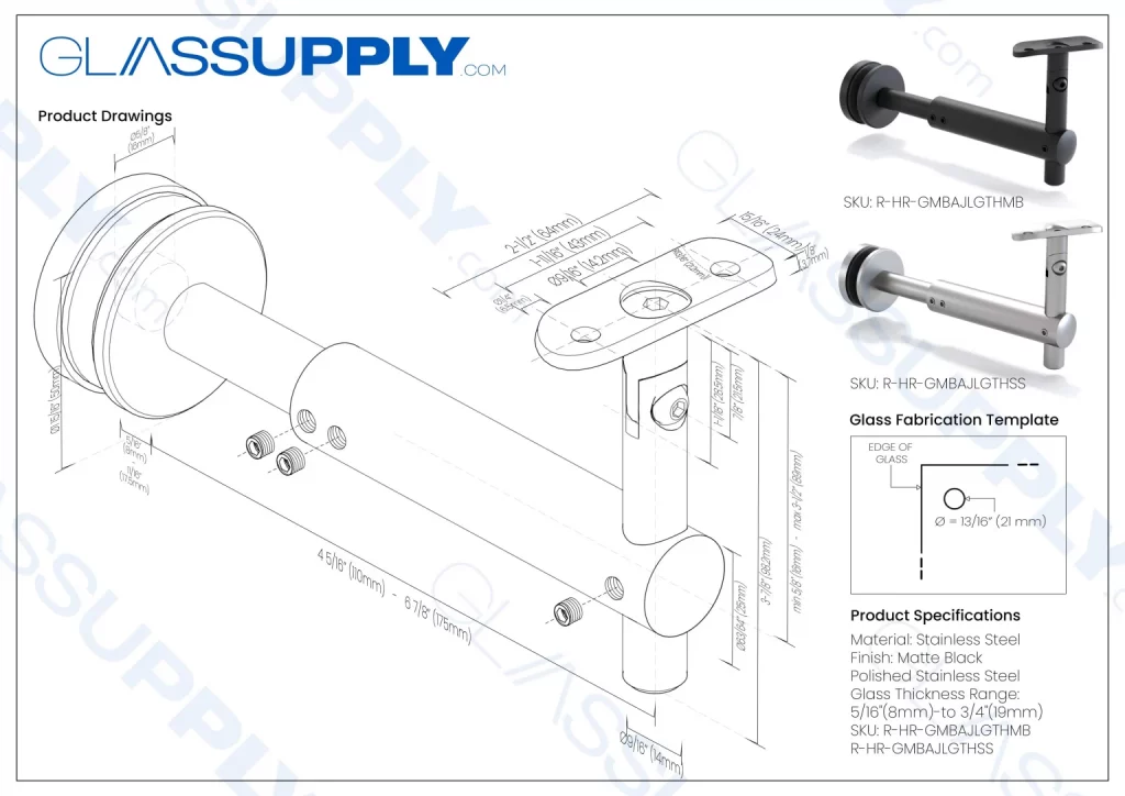 Glass Mounted Adjustable length projection Bracket with Swivel Head - 4 5/16" to 6 7/8"