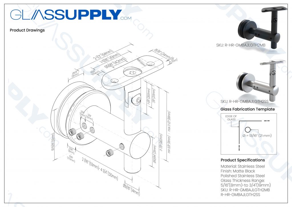 Handrail Glass Mounted Adjustable Projection Bracket – 2 1/16″ to 4 3/4″