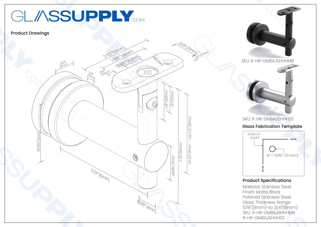 Handrail Glass Mounted Fixed Bracket with Swivel Head