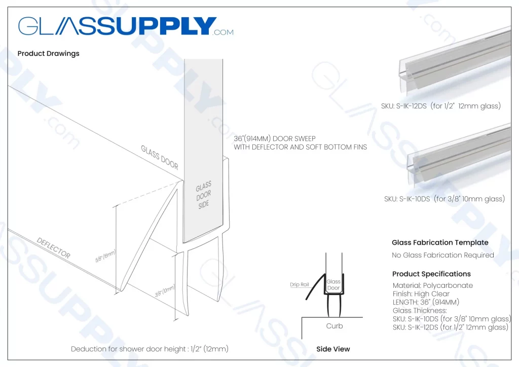 Door Sweep with Double Soft Fins and Deflector for 3/8" or 1/2" Glass