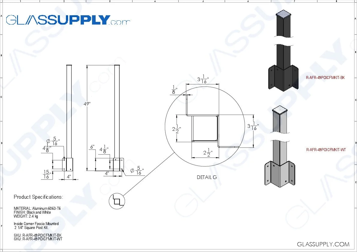 Inside Corner Fascia Mounted 2 1/4" Square Post Kit