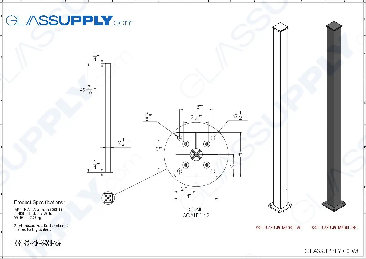 2 1/4" Square Post Kit for Aluminum Framed Railing System 2