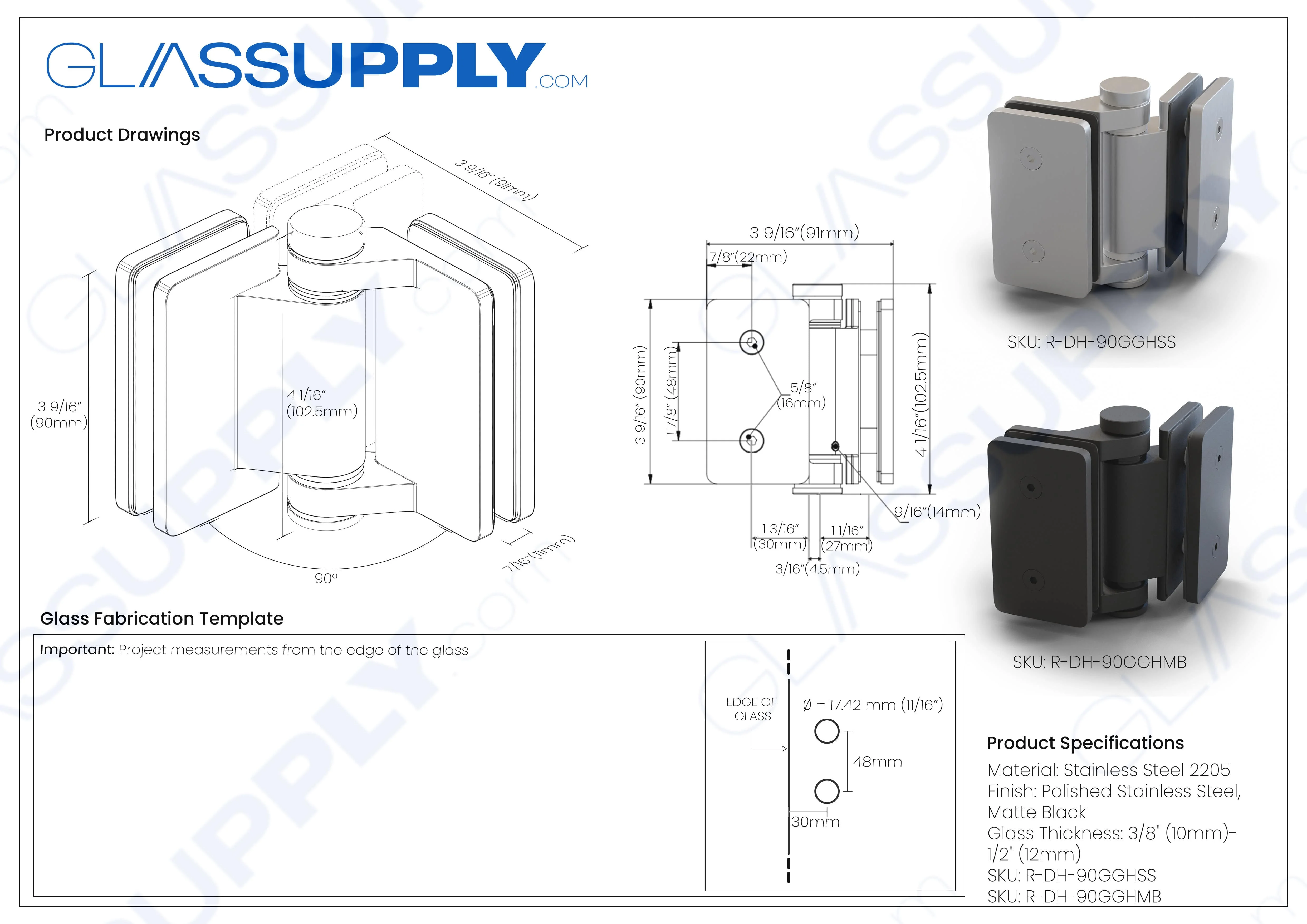 90-Degree Glass-to-Glass Door Hinge for Frameless Glass Railing