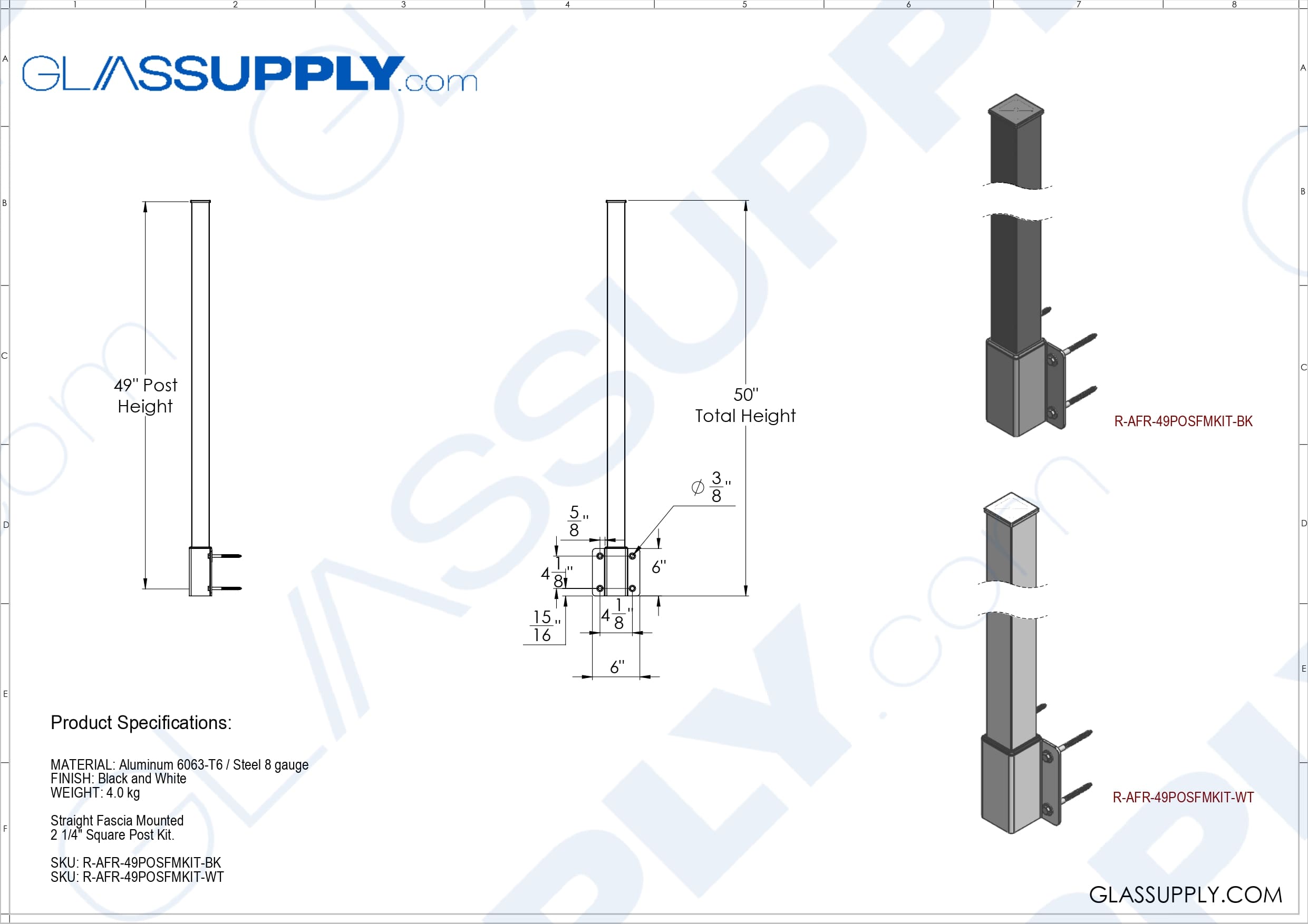 Straight Fascia Mounted 2 1/4" Square Post Kit