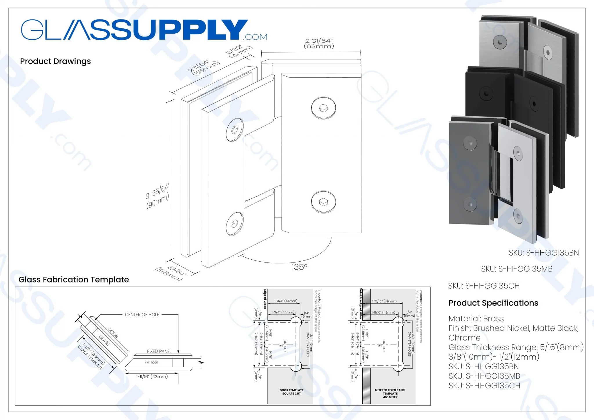 GS 135° Glass to Glass Square Hinge