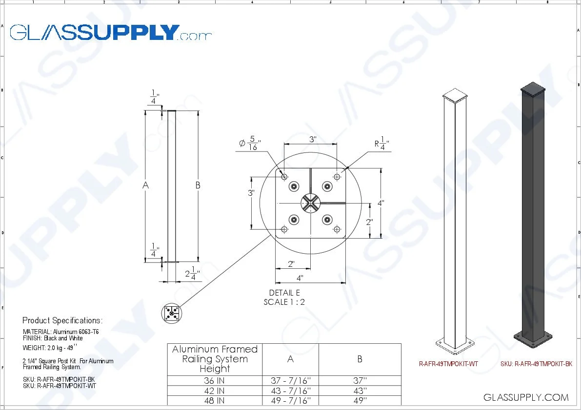 2 1/4" Square Post Kit for Aluminum Framed Railing System