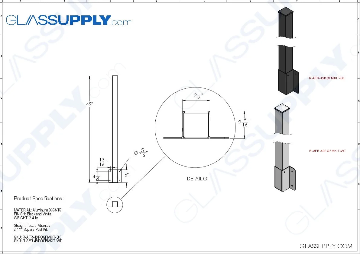 Straight Fascia Mounted 2 1/4" Square Post Kit