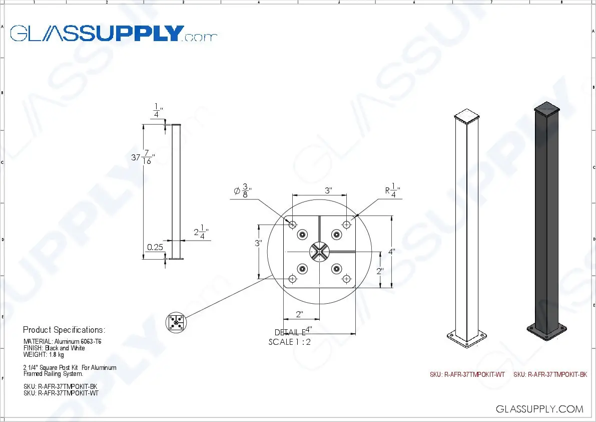 2 1/4" Square Post Kit for Aluminum Framed Railing System