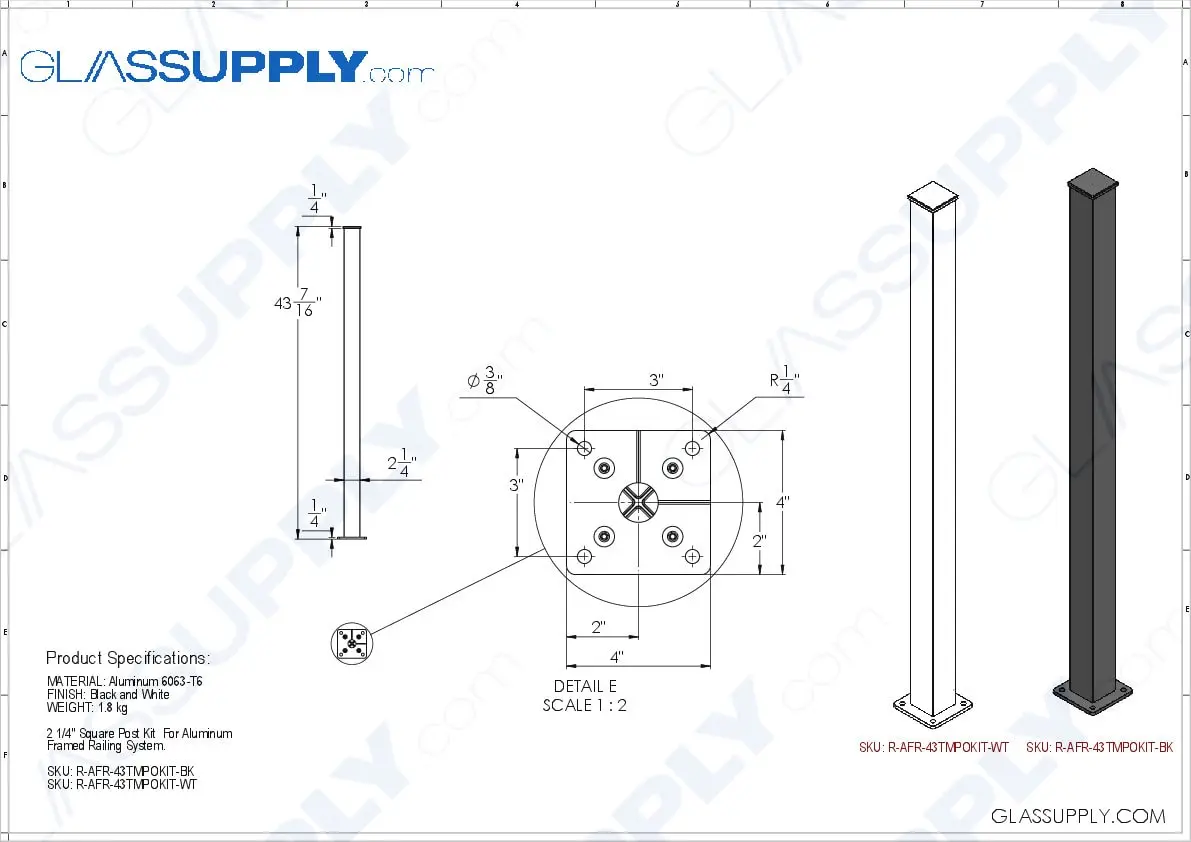 2 1/4" Square Post Kit for Aluminum Framed Railing System 1