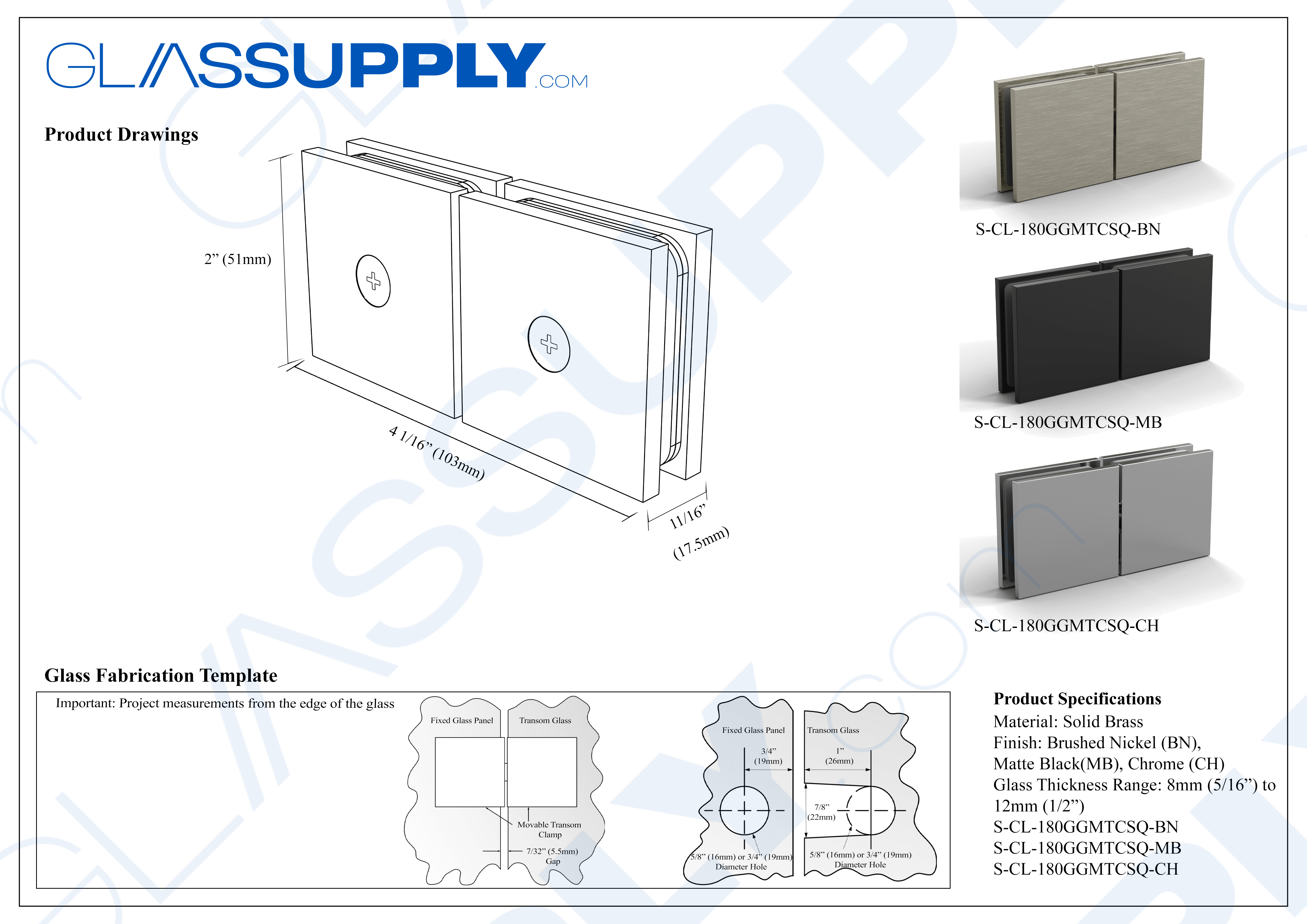 180° Glass-to-Glass Movable Transom Clamp - Square