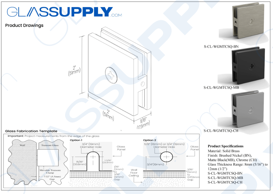 Wall-to-Glass Movable Transom Clamp