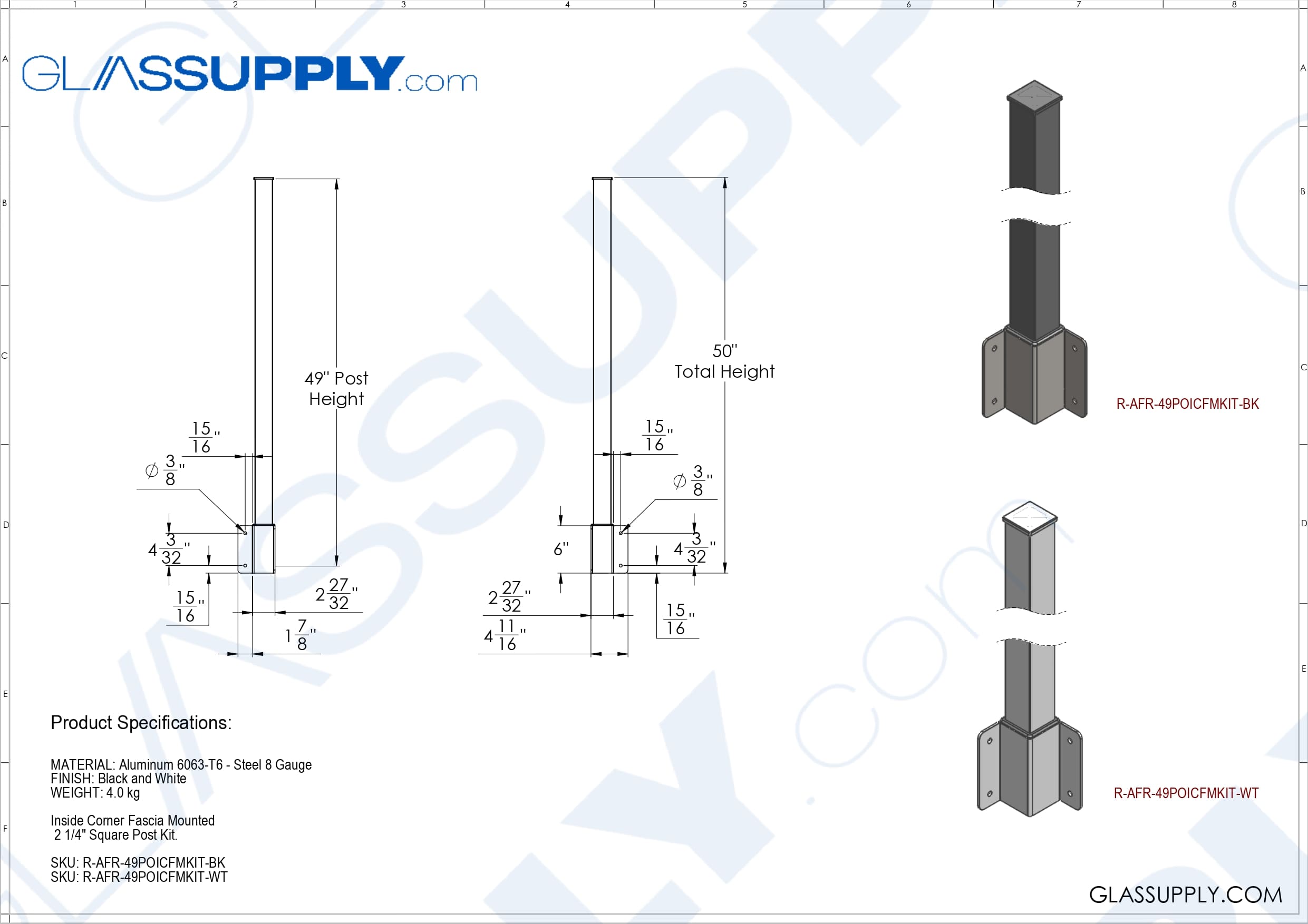 Inside Corner Fascia Mounted 2 1/4" Square Post Kit