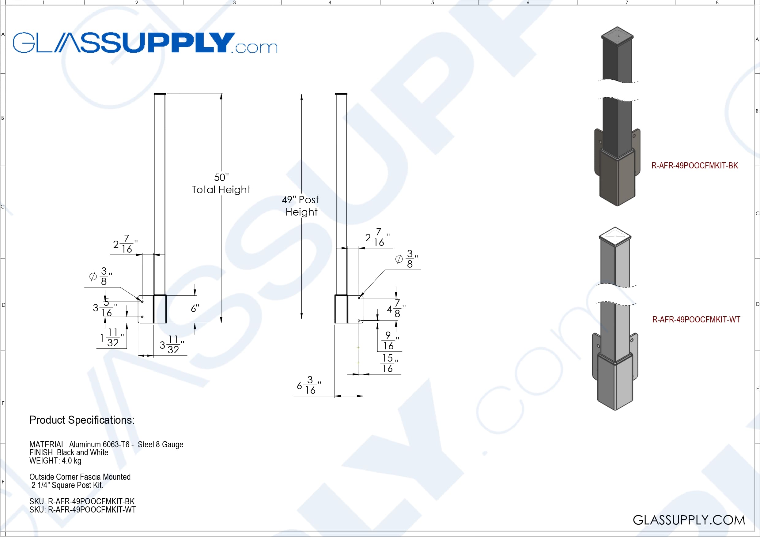 Outside Corner Fascia Mounted 2 1/4" Square Post Kit